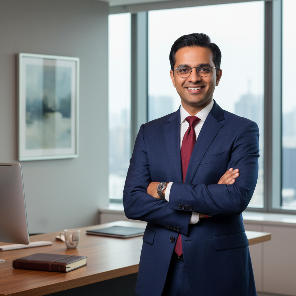 Professional Indian male chartered accountant in formal attire, friendly expression, modern office background, clean and minimal style