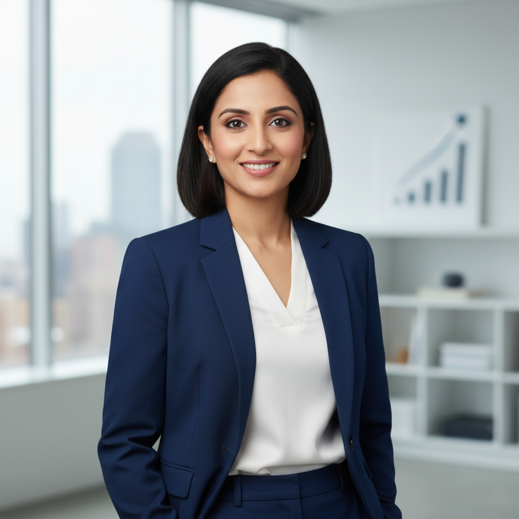 Professional Indian female chartered accountant in formal attire (smart blazer or business suit), friendly and confident expression, subtle makeup, neutral background with a soft hint of a modern office environment, clean and minimal style suitable for a CA firm testimonial portrait.