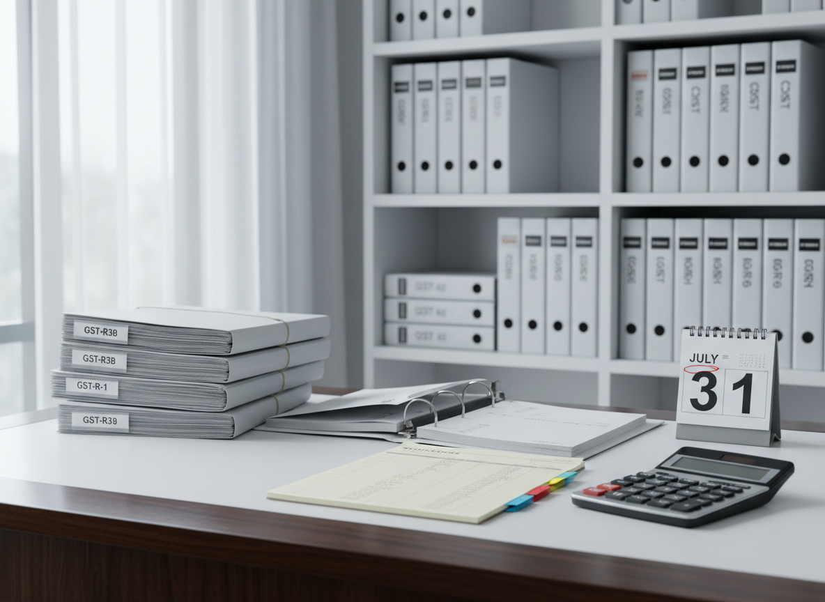 A clean, white workspace with a dark wooden table holding neatly stacked GST return files, an organized binder with color-coded tabs, and a modern calculator positioned next to a ruled notepad filled with tidy numerical entries. A small desk calendar displays the current tax filing deadline in red. In the background, a faintly visible bookshelf holds labeled ledgers and finance law books. Cool, diffused daylight from a side window evenly illuminates the scene, casting soft shadows and enhancing paper textures. Captured from a slightly elevated angle in photographic realism, the composition uses the rule of thirds, emphasizing meticulous organization and timely GST compliance in a calm, focused atmosphere.