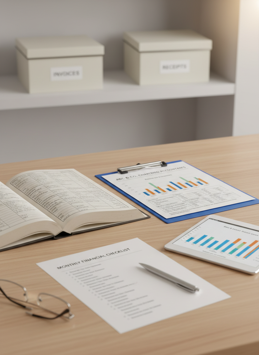 A polished, light oak table featuring an open ledger book with neatly handwritten entries, a printed balance sheet clipped neatly to a blue clipboard, and a slim tablet showing bar graphs of business performance. Beside them lies a pair of metallic-rimmed reading glasses resting on a clean, white financial checklist. In the softly blurred background, a minimalist wall shelf displays labeled storage boxes for invoices and receipts. Warm, indirect overhead lighting creates gentle highlights on the paper and wood grain, enhancing clarity without harsh shadows. Photographic realism, shot at eye level with moderate depth of field, gives a calm, methodical mood, ideal for illustrating accurate bookkeeping and balance sheet preparation by a professional chartered accountant firm.
